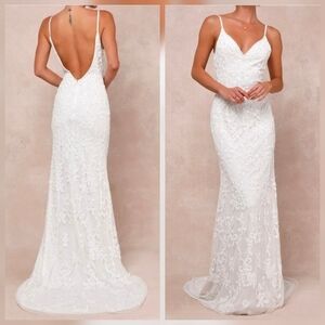 Lulus Everlasting Passion White Sequin Beaded Backless Maxi Wedding Dress